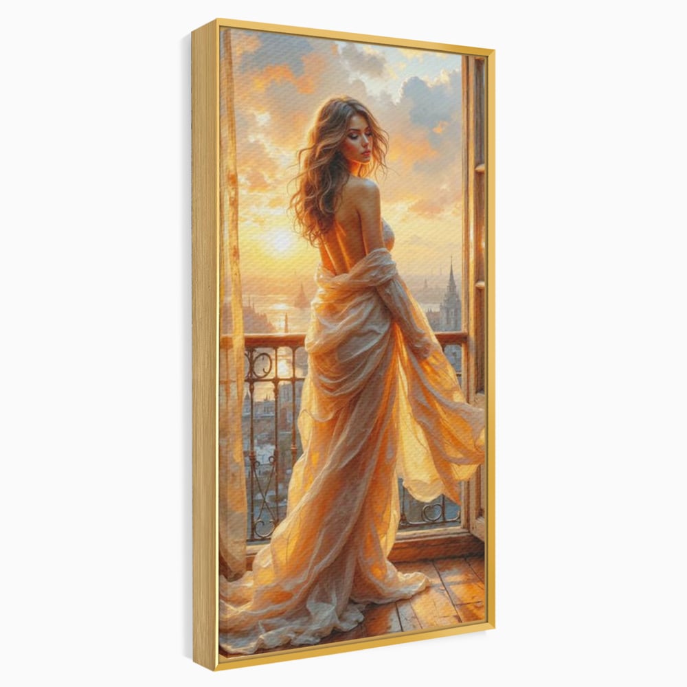 Tablou canvas cu tablou canvas cu femeie la fereastra, in rama de aluminiu auriu